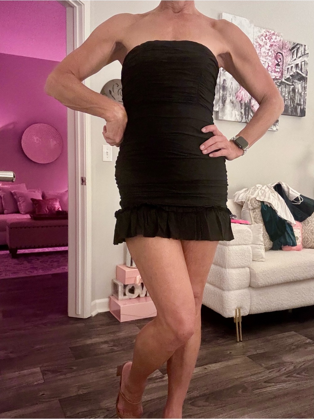 Hello Molly Strapless Black Ruffle-Hem Mini Dress